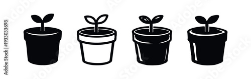 Hand-drawn style plant sprout in pot icons set, representing growth and environmental themes on white background