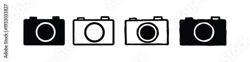 Front view camera icons in a hand-drawn doodle style, perfect for photography concepts on white background