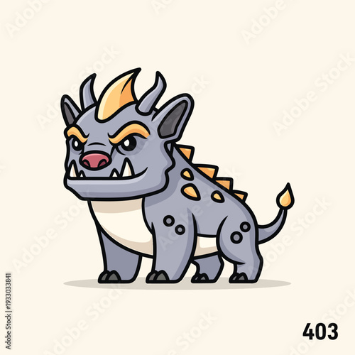 A cartoon creature with a gray body, yellow horns, and a pink nose, looks toward the viewer with a stern expression. Its form is thick-lined