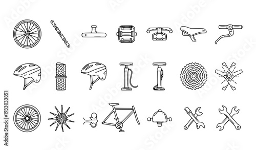 Bicycle detail outline icons set for bike shop vector illustration isolated on white
Keywords:
