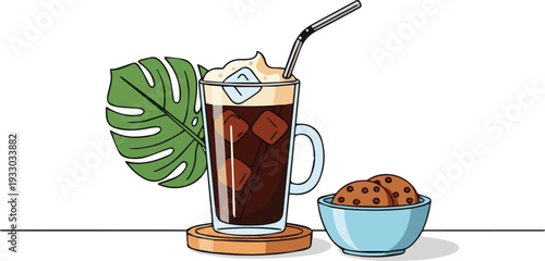 A tall glass of chocolate milkshake with whipped cream and cookies on a wooden coaster beside a monstera leaf on a table