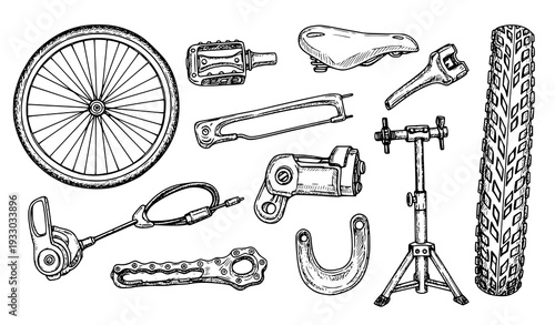 Hand-drawn bicycle detail sketch icons vector set for bike shop design