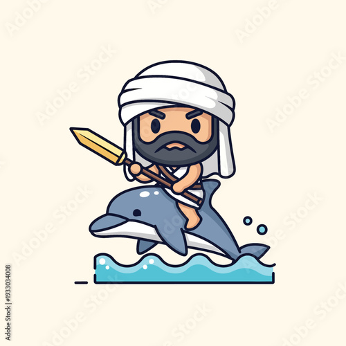 A cartoon character with a beard rides a dolphin through the water, holding a spear. The character wears a turban