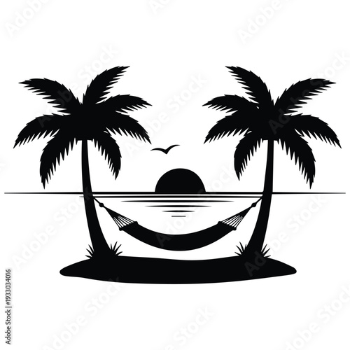 Relaxing tropical getaway with hammock between palm trees at sunset