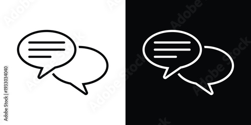 Modern outline style double speech bubble icon. Features a linear design representing messaging, networking, social media discussion, and digital conversation between two people.