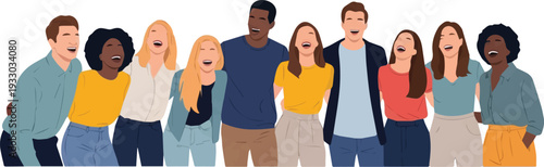 Diverse group of people standing together in a line, facing forward, illustration of unity and togetherness