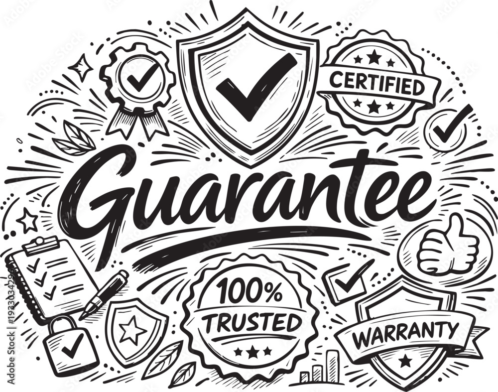 Obraz premium Guarantee, Warranty, and Trust Concept Hand-Drawn Doodle Illustration with Certified Badges and Quality Assurance Symbols - vector icons