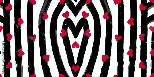 Abstract heart pattern with swirling lines and scattered red hearts