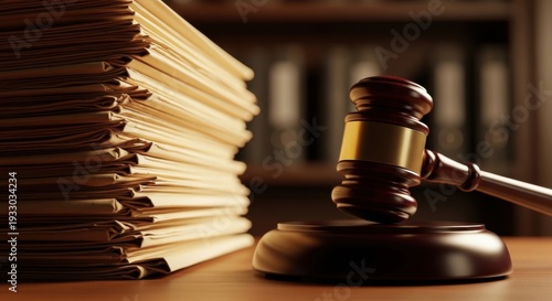 A gavel resting beside a stack of legal documents symbolizing judicial proceedings.