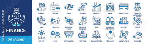 Finance icon set. Containing loan, cash, saving, financial goal, profit, budget, mutual fund, earning money and revenue icons. Blue icons collection.
