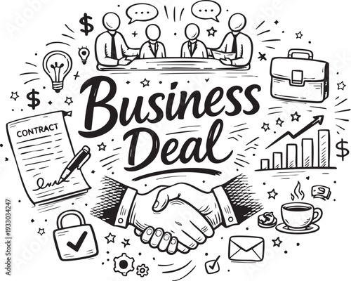 Business Deal Concept Doodle Illustration with Handshake, Contract, and Meeting Elements - Hand Drawn Sketch Style Vector Graphic for Partnership and Growth - vector icons