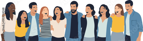 Diverse group of young adults standing together in a line, smiling and looking forward, illustration of unity and friendship