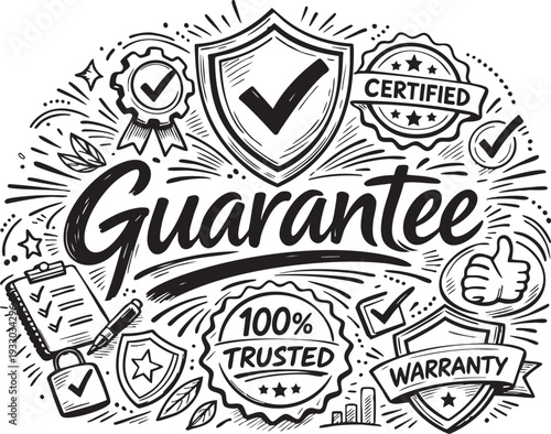 Guarantee, Warranty, and Trust Concept Hand-Drawn Doodle Illustration with Certified Badges and Quality Assurance Symbols - vector icons