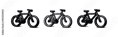 Collection of six different black bicycle graphic icons, featuring solid and outline designs on a white background.