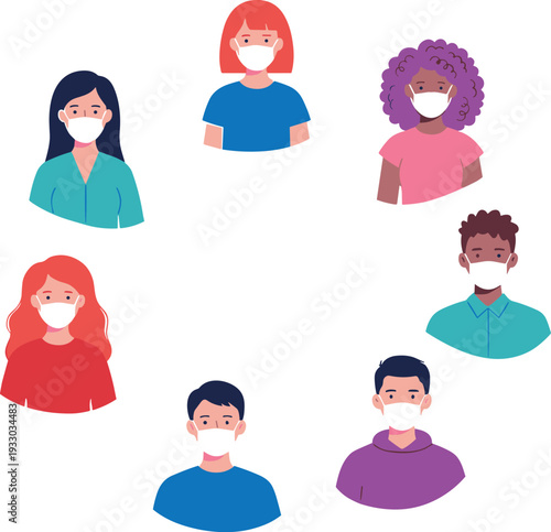 Diverse people wearing protective face masks avatar collection representing healthcare safety, pandemic awareness and public health prevention in flat illustration style