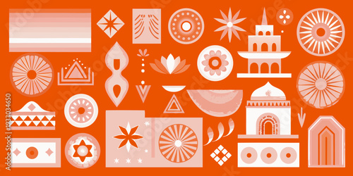 A collection of peach toned cultural symbols and geometric shapes