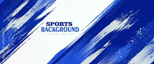 Horizontal abstract banner design with sporty blue grunge and halftone vector shape