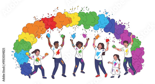 A vibrant illustration of a diverse group of people celebrating Holi with colorful powder and smoke in a joyful party atmosphere