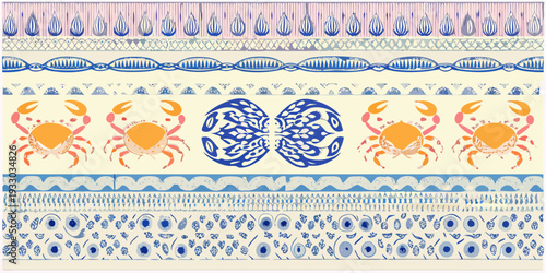 A vibrant repeating pattern featuring crabs shells and nautical motifs
