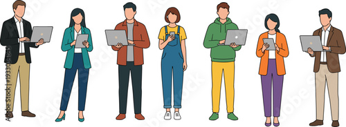 Diverse people using laptops tablets and smartphones illustration representing modern digital communication, remote work and technology lifestyle in flat design style