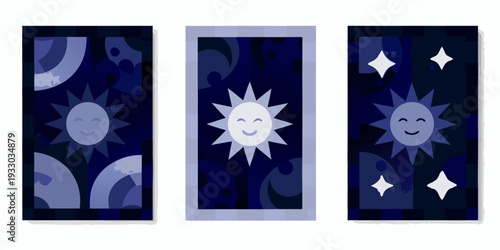 Three abstract panels featuring smiling suns moons and diamond shapes