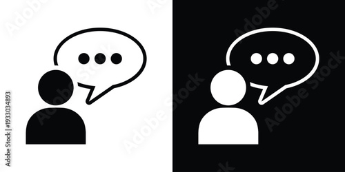 Profile icon of a human figure with a speech bubble featuring text lines. Symbolizes communication, speaking, customer support, giving a statement, or verbal interaction for web and app UI.