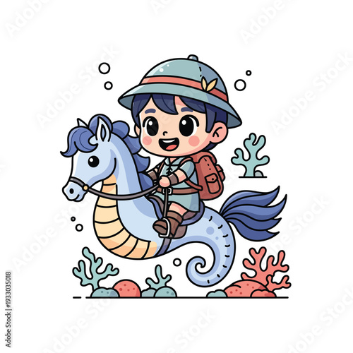 A cartoon boy wearing a hat and backpack rides a seahorse through an underwater scene with corals and bubbles
