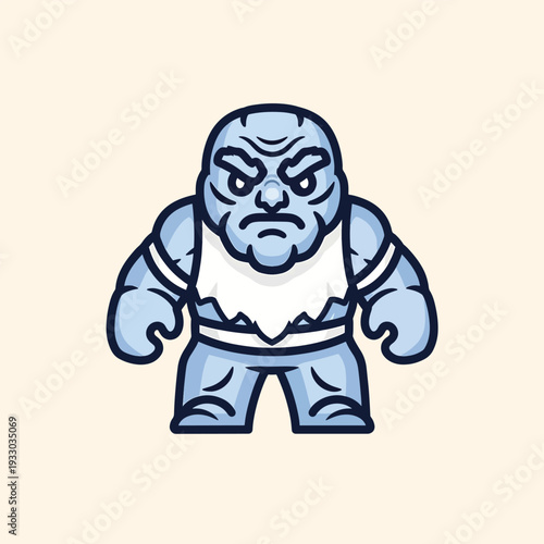 A cartoon character with a blue body, a serious face, and white garment. Its broad shoulders stand, arms at its side