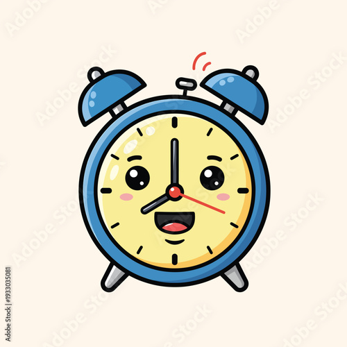 A cartoon alarm clock with a smiling face, bright yellow clock face and blue casing. Showing the time with hands. The clock is on a pale beige background