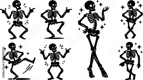 Tattoo flash dancing skeletons set eight playful poses black silhouette vector halloween party illustration with sparkles and crossed legs smiling