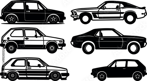 Flat design retro car silhouettes six side view icons compact hatchback and muscle coupe set in black vector minimal collection