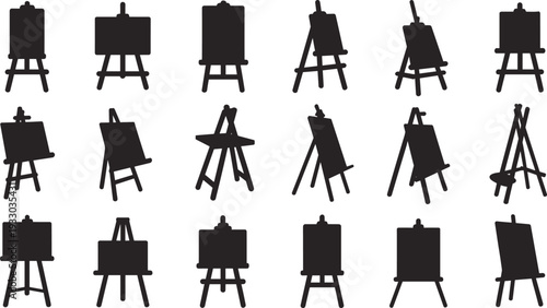 Collection of black easel silhouettes isolated on white background, artist painting stands icon set, creative studio equipment illustration for design and art concepts.