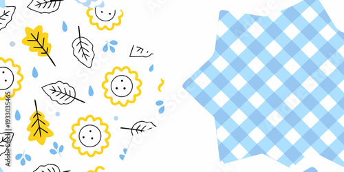 Playful pattern with flowers leaves and a blue gingham section