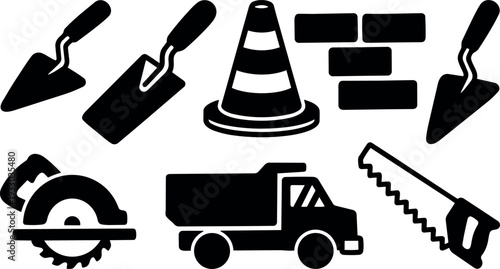 Flat design black construction tool icon set showing trowel saw cone bricks circular saw and dump truck in simple layout