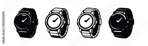 Angled wristwatch icons with checkmark. Classic and modern timepiece symbols in solid and outline styles.