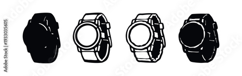 Angled wristwatch icon set. Varied designs for timekeeping and wearable technology symbols.