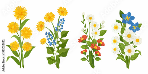 Four colorful floral bouquets with diverse wildflower arrangements