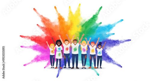 A diverse group of people celebrating Holi Festival with colorful powder and smoke, conveying a joyful and happy atmosphere in a vibrant illustration