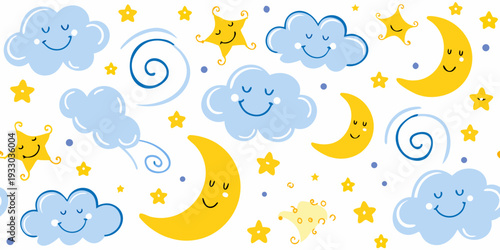 Playful pattern of smiling clouds stars and crescent moons
