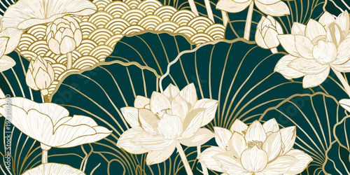 Elegant floral pattern with golden lotus flowers and dark teal background