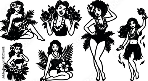 Retro tattoo flash hula girls in vintage poses wearing leis skirts and flowers smiling in bold black vector island silhouette