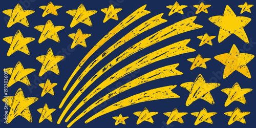 A patriotic display of golden stars and sparkling trails on blue