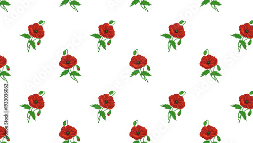 Poppies Isolated Hand Drawn Pattern Red White Flowers Leaves Love Heart Romantic Girly Textile Seamless No Background Transparent Floral Design Graphic repeated editable
