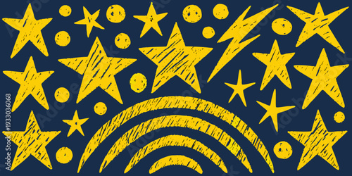 A collection of yellow hand drawn stars and curved lines on blue