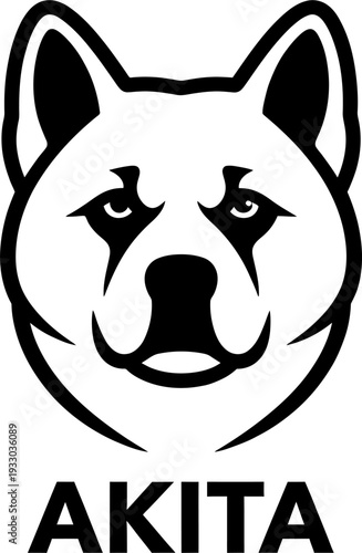 Akita dog head portrait with pointed ears and breed name typography