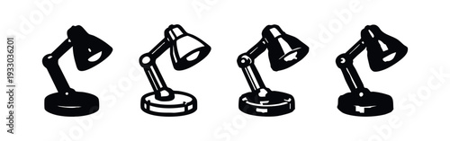 Collection of desk lamp icons. Various styles of adjustable task lighting symbols.