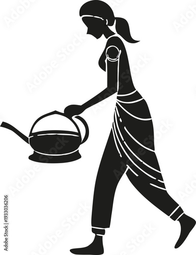 Black silhouette of woman watering plants with watering can vector