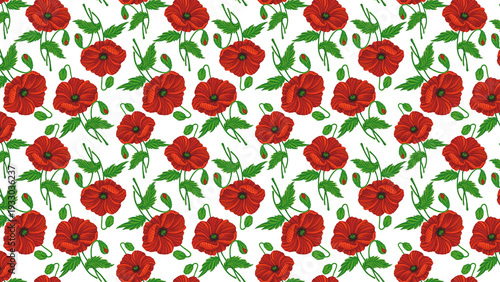 Poppies Isolated Hand Drawn Pattern Red White Flowers Leaves Love Heart Romantic Girly Textile Seamless No Background Transparent Floral Design Graphic repeated editable