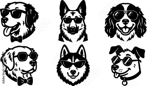 Vector badge style six dog head icons wearing sunglasses and bow ties black and white frontal three quarter smiling views