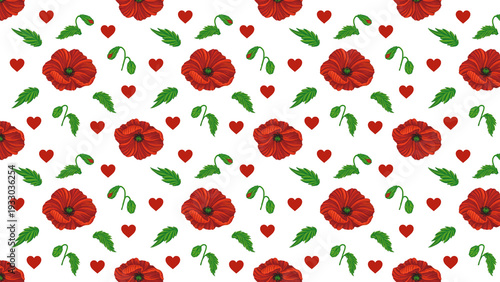 Poppies Isolated Hand Drawn Pattern Red White Flowers Leaves Love Heart Romantic Girly Textile Seamless No Background Transparent Floral Design Graphic repeated editable